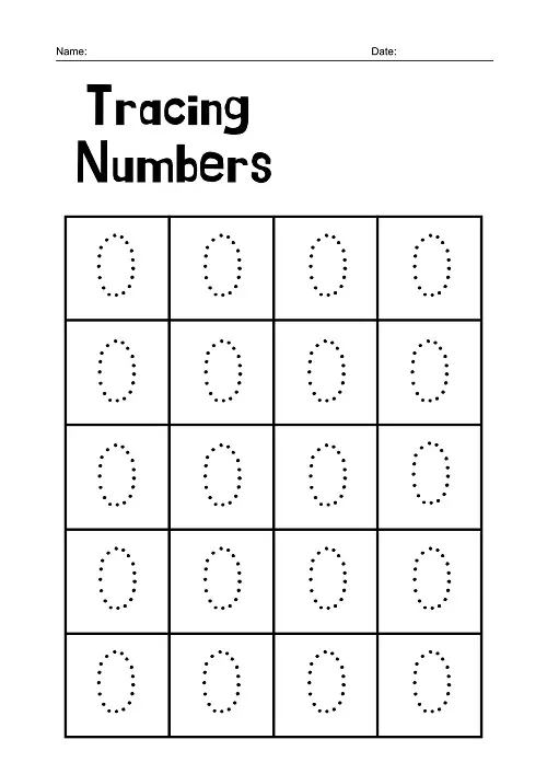 Tracing number 0 worksheet for preschool kids to practice writing zero