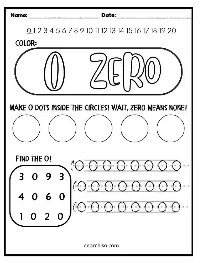Number 0 tracing worksheet PDF free download featuring coloring, finding, and tracing activities