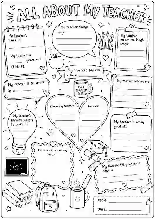 All About My Teacher Printable, Fill in the Blank Worksheet, Kids Teacher Gift, Classroom Activity