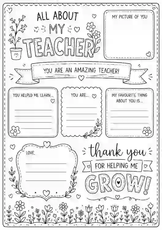 End of Year Teacher Gift Printable, All About My Teacher Worksheet