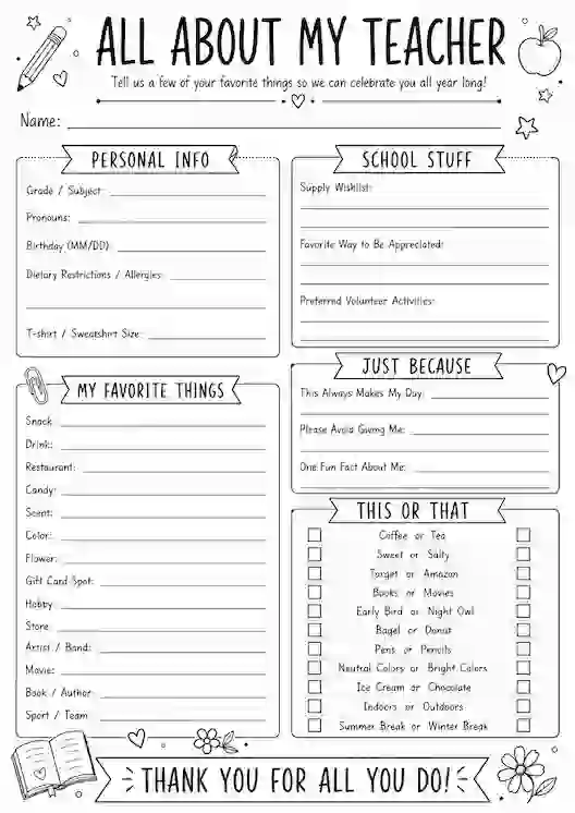 Teacher Favorite Things Questionnaire Printable All About My Teacher Survey